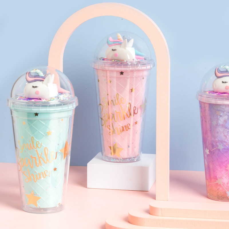 Summer 523 Unicorn Straw Ice Cup Creative Glass Plastic Double-Layer Cup with Light Factory Wholesale Spot Summer 523 Unicorn Straw Ice Cup Creative Glass Plastic Double-Layer Cup with Light Factory Wholesale Spot