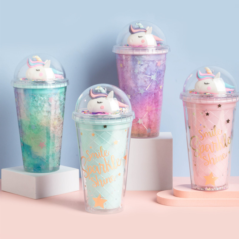 Summer 523 Unicorn Straw Ice Cup Creative Glass Plastic Double-Layer Cup with Light Factory Wholesale Spot Summer 523 Unicorn Straw Ice Cup Creative Glass Plastic Double-Layer Cup with Light Factory Wholesale Spot