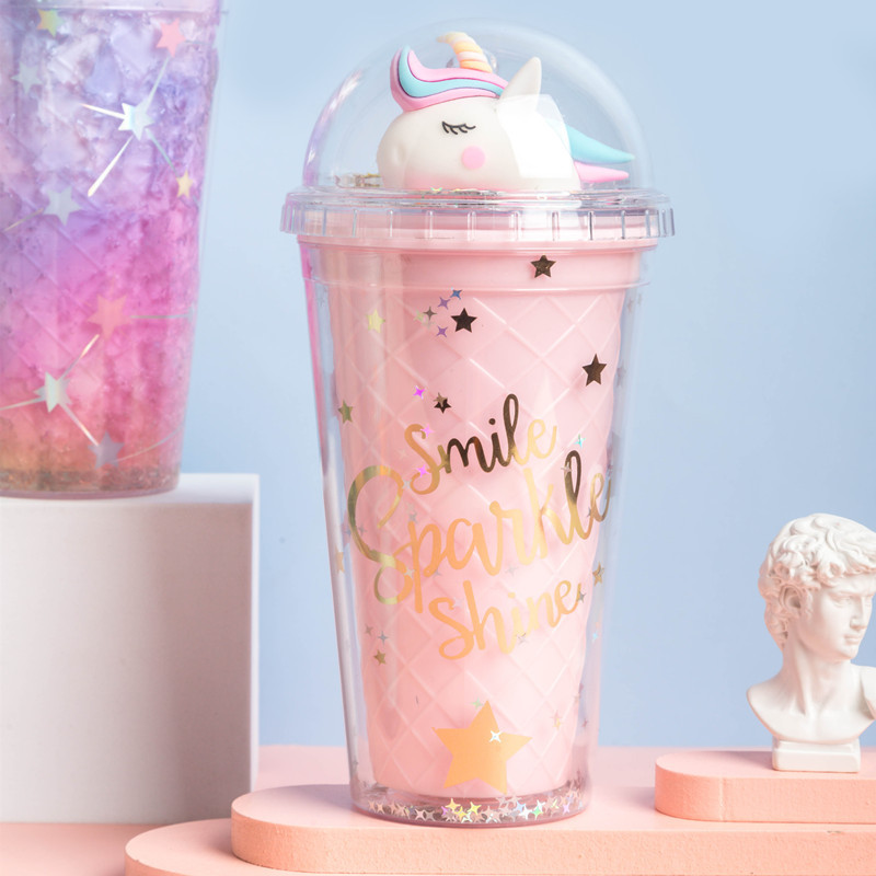 Summer 523 Unicorn Straw Ice Cup Creative Glass Plastic Double-Layer Cup with Light Factory Wholesale Spot Summer 523 Unicorn Straw Ice Cup Creative Glass Plastic Double-Layer Cup with Light Factory Wholesale Spot
