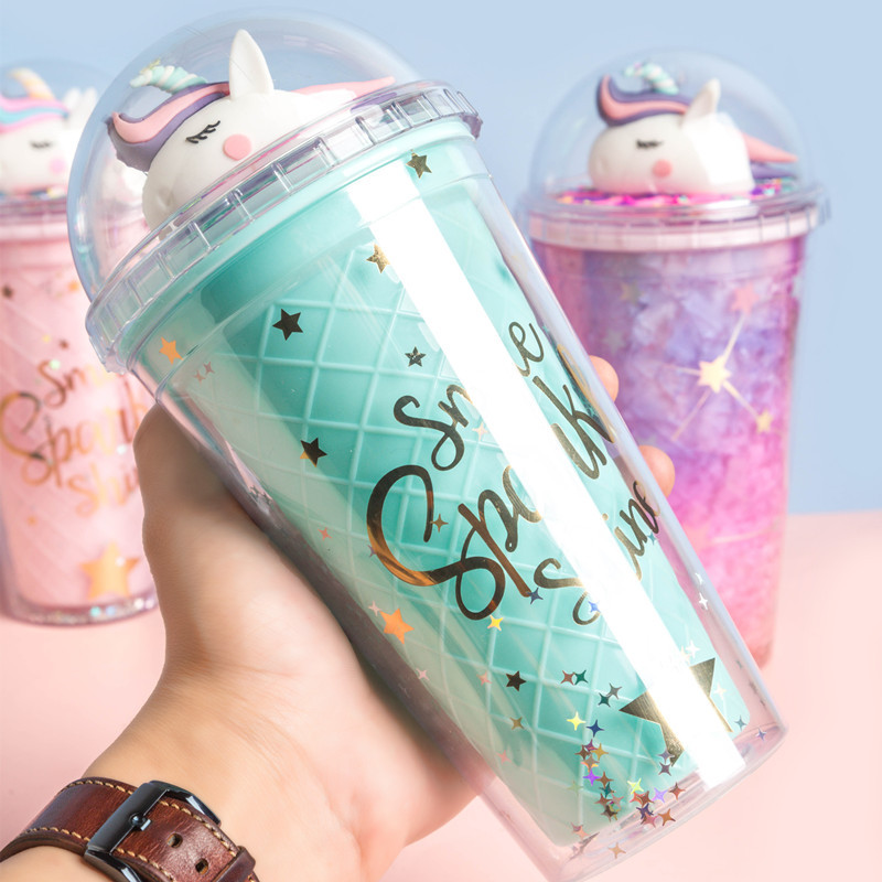 Summer 523 Unicorn Straw Ice Cup Creative Glass Plastic Double-Layer Cup with Light Factory Wholesale Spot Summer 523 Unicorn Straw Ice Cup Creative Glass Plastic Double-Layer Cup with Light Factory Wholesale Spot