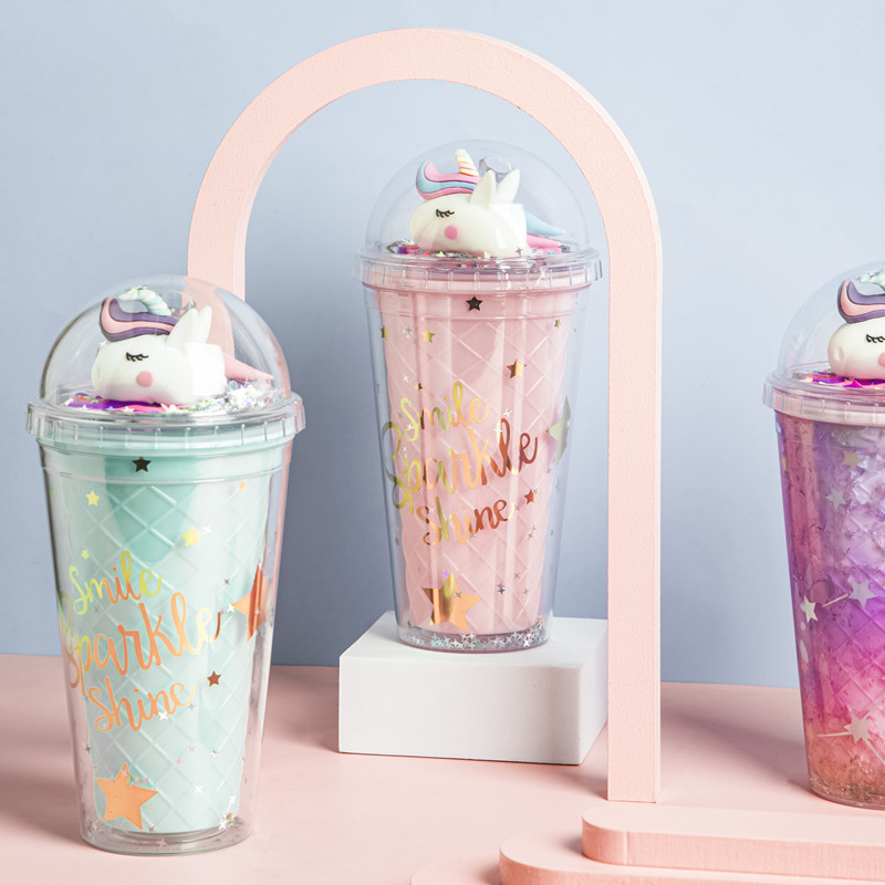 Summer 523 Unicorn Straw Ice Cup Creative Glass Plastic Double-Layer Cup with Light Factory Wholesale Spot Summer 523 Unicorn Straw Ice Cup Creative Glass Plastic Double-Layer Cup with Light Factory Wholesale Spot