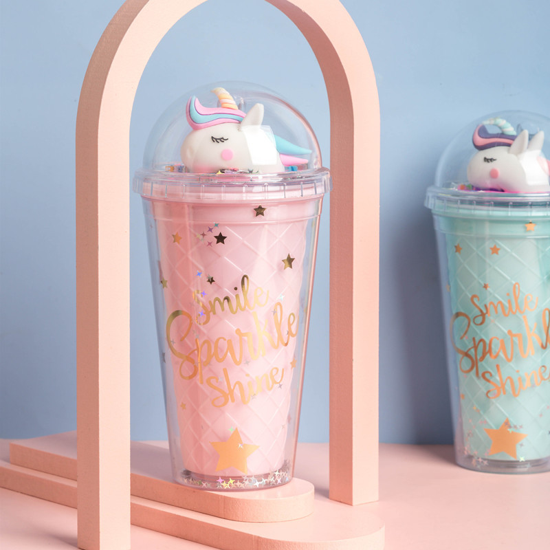 Summer 523 Unicorn Straw Ice Cup Creative Glass Plastic Double-Layer Cup with Light Factory Wholesale Spot Summer 523 Unicorn Straw Ice Cup Creative Glass Plastic Double-Layer Cup with Light Factory Wholesale Spot