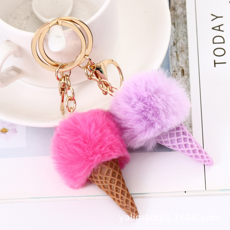 New Acrylic Ice Cream Keychain Pendant Simulation Ice Cream Resin Cone Imitation Rex Rabbit Fuzzy Ball Hanging Drop