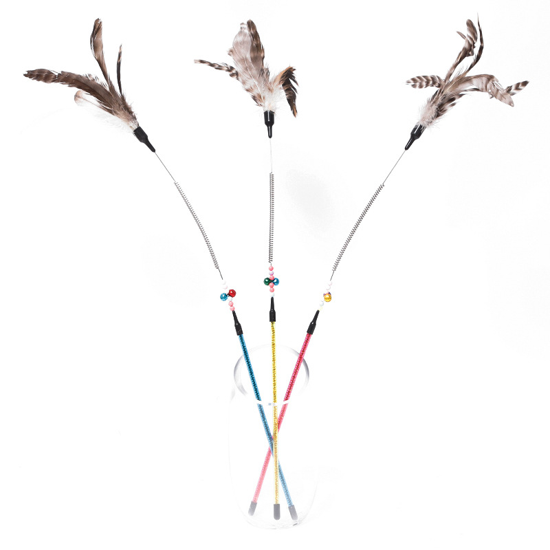 In Stock Wholesale Bags Cat Toy Acrylic Color Stripes Tube + Striped Feather Spring Cat Teaser