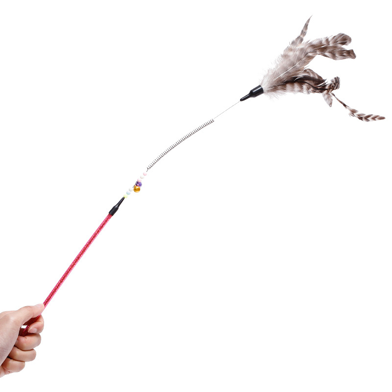 In Stock Wholesale Bags Cat Toy Acrylic Color Stripes Tube + Striped Feather Spring Cat Teaser