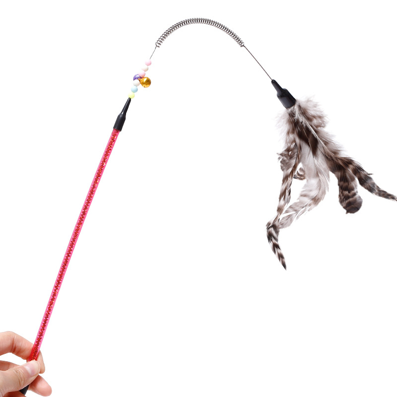 In Stock Wholesale Bags Cat Toy Acrylic Color Stripes Tube + Striped Feather Spring Cat Teaser