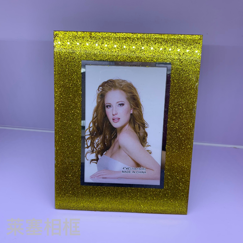 Gold Unilateral Glitter Photo Home Decorative Gift Living Room Crafts Custom Glass Photo Frame with Various Patterns