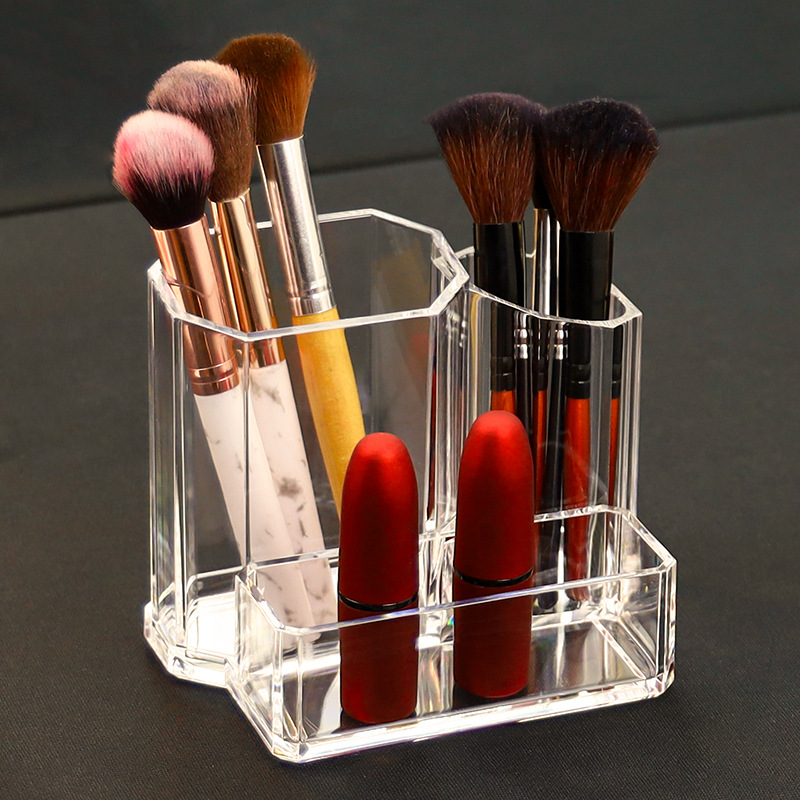 W29-8007 Crystal Transparent Multifunctional Pen Holder Multi-Grid Pen Holder Cosmetic Brush Eyebrow Pencil Shelf Business Card Case Storage