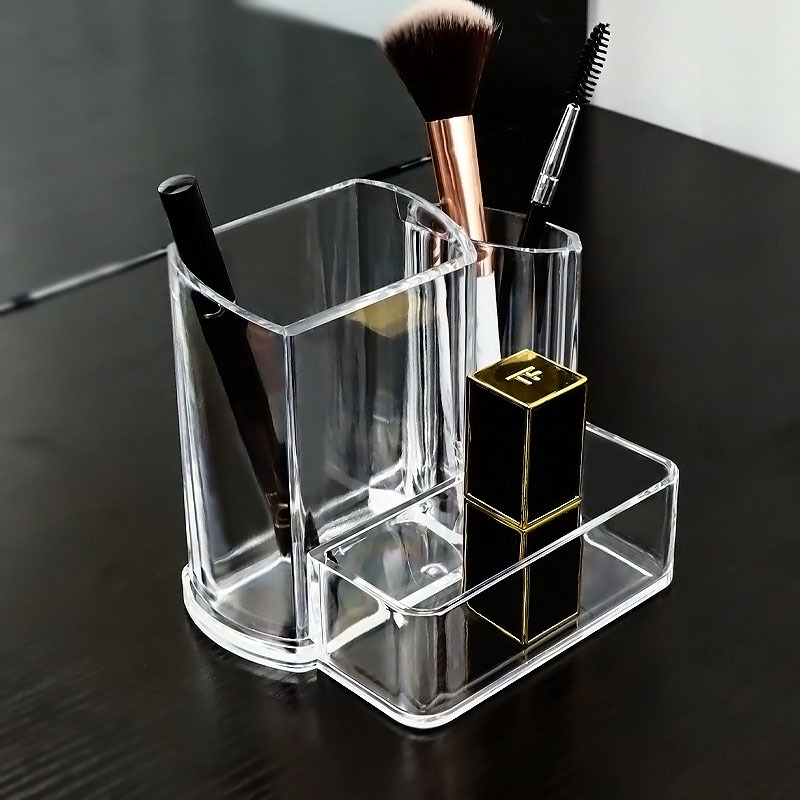 W29-8007 Crystal Transparent Multifunctional Pen Holder Multi-Grid Pen Holder Cosmetic Brush Eyebrow Pencil Shelf Business Card Case Storage