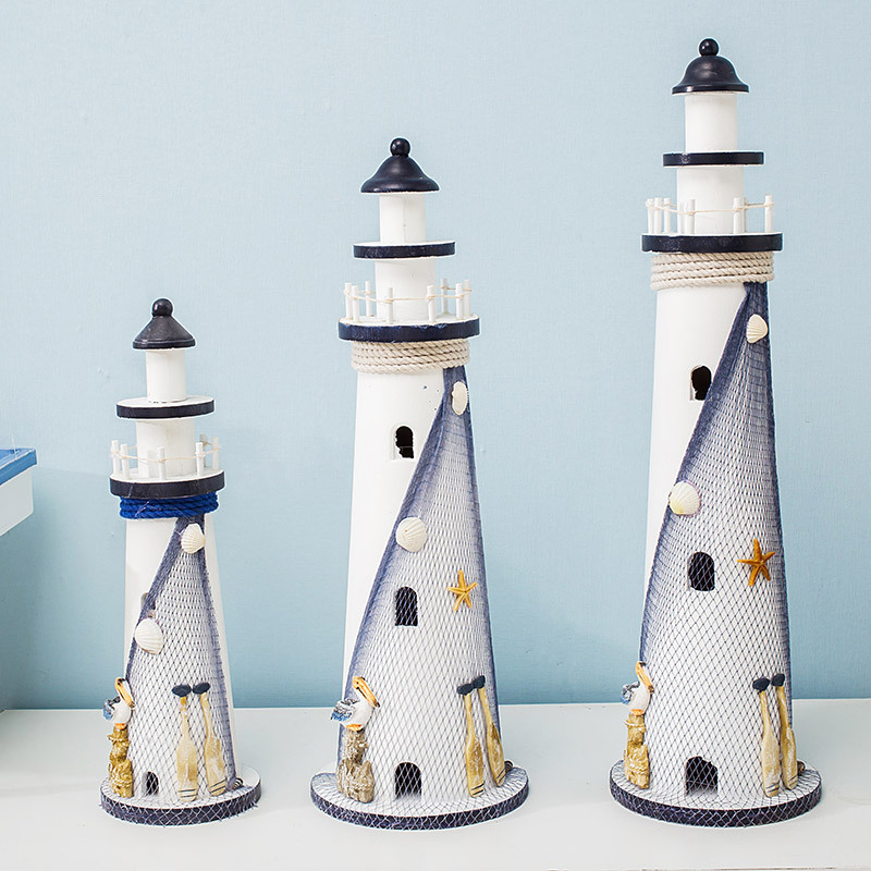 Mediterranean Style Creative Solid Wood Quality Crafts Lighthouse Retro Handmade Large, Medium and Small Size Home Ornaments