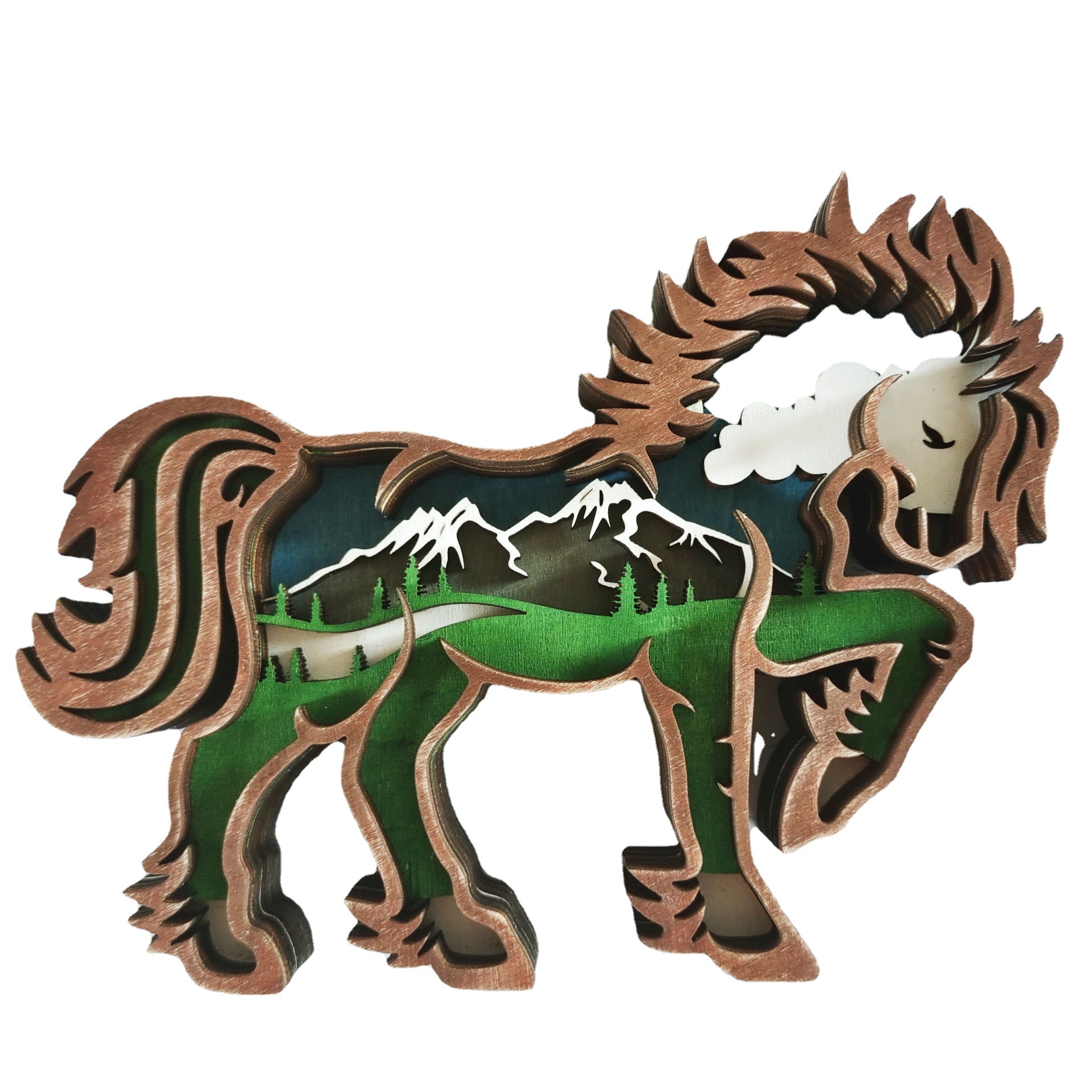 Cross-Border New Arrival Wood Carving Animal Crafts Creative Festival Home Desktop Decorations Multi-Layer Carving Trojan Ornaments