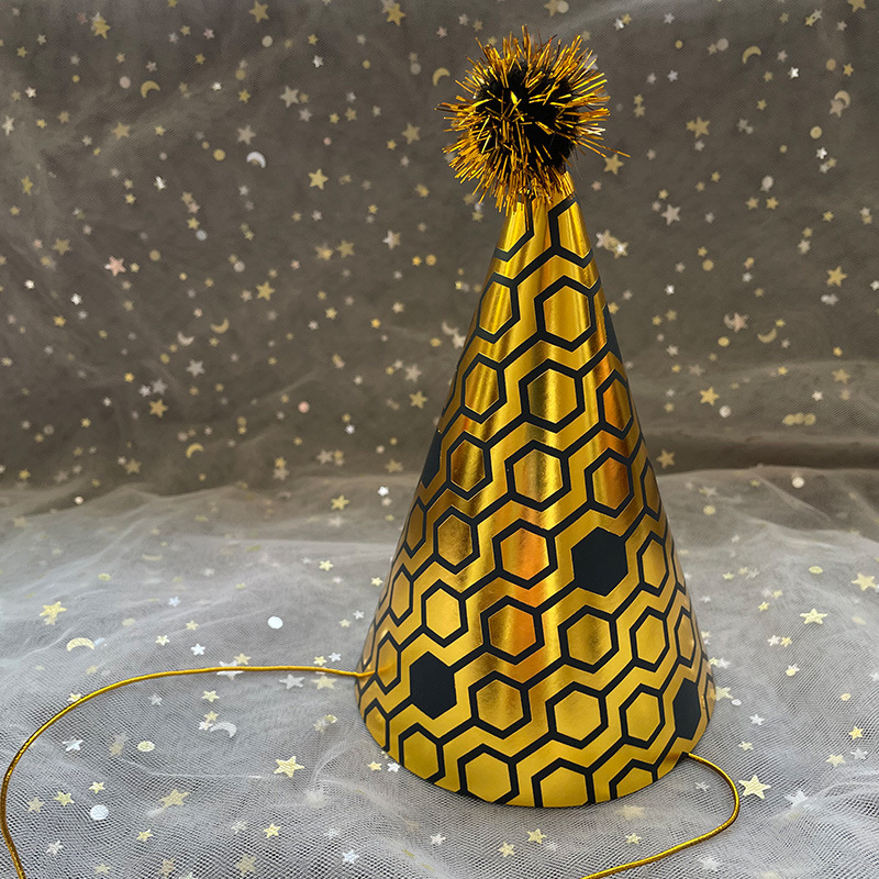 17cm Birthday Hat Printing Holiday Party Pointed Corner Paper Birthday Hat Fur Ball Tricorne Decoration Supplies