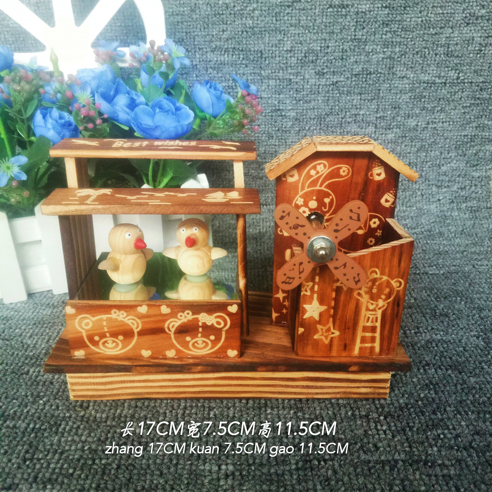 Factory wholesale creative wood rotation music wood windmill duck dance windmill wooden tourist crafts