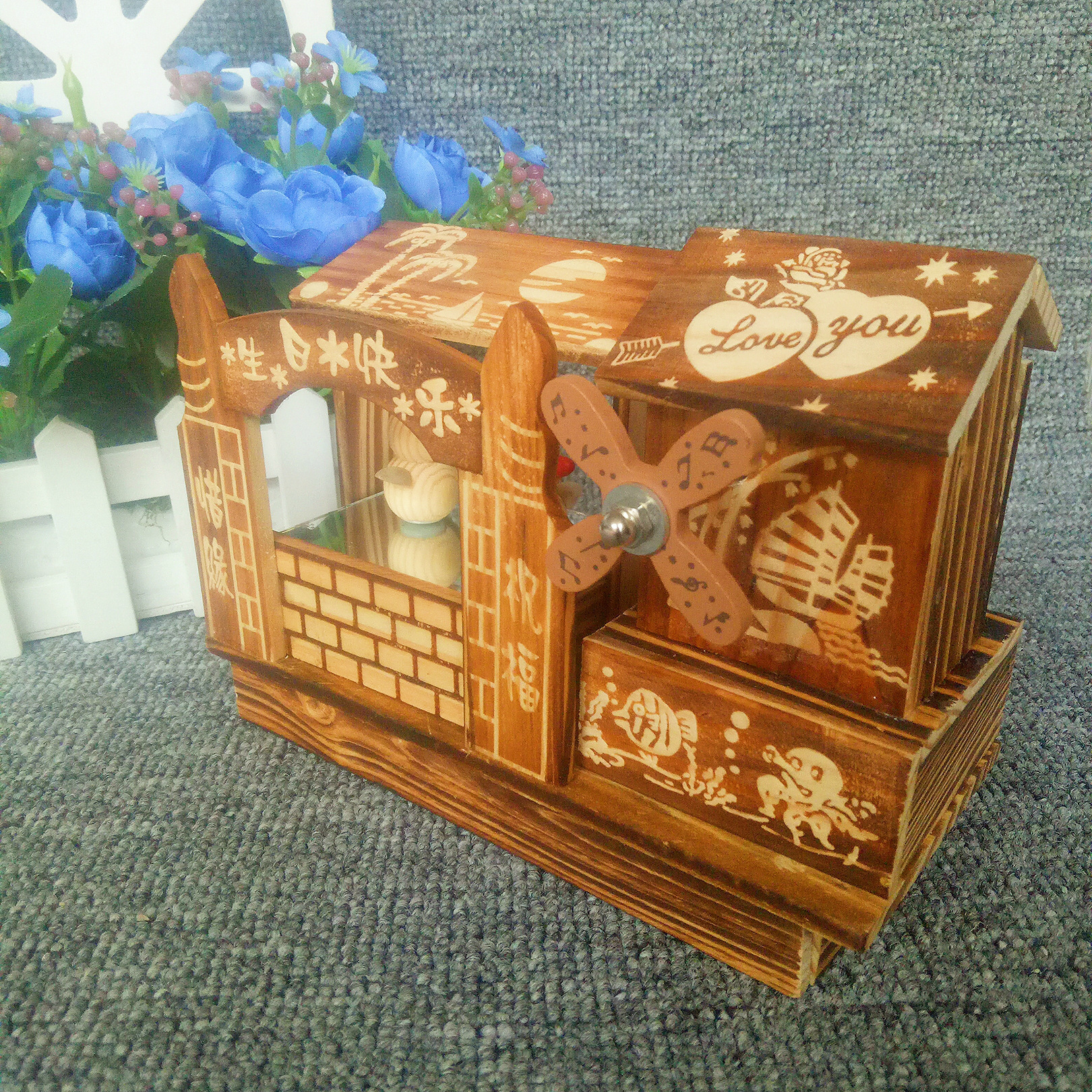Factory wholesale creative wood rotation music wood windmill duck dance windmill wooden tourist crafts