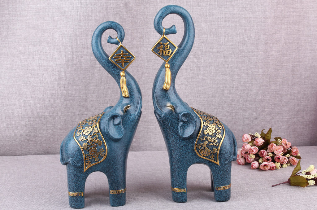 Resin Crafts Creative Wood Grain Happy Couple Elephant Decoration Living Room TV Cabinet Home Decoration Wedding Gift