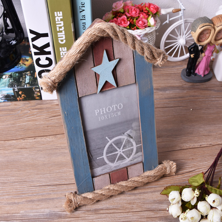 Factory Direct Sales Mediterranean Style Photo Frame Retro Wood Crafts Decoration Home Decoration Hemp Rope Photo Frame