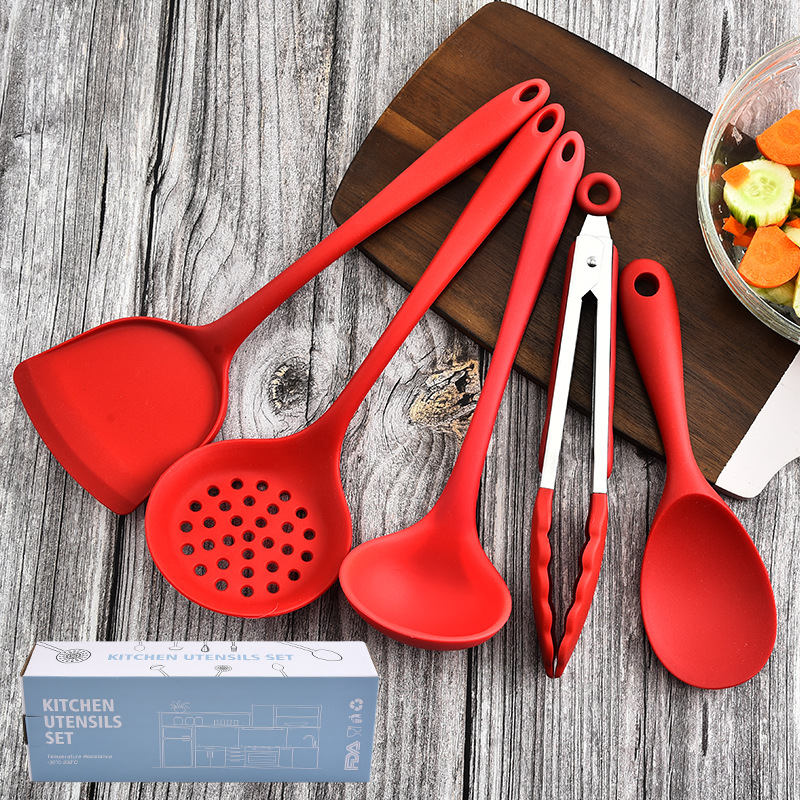 Factory Direct Supply All-Inclusive Silicone Kitchenware Set Cooking Spoon Household Spatula Kitchen Food Clip Colander 5-Piece Set