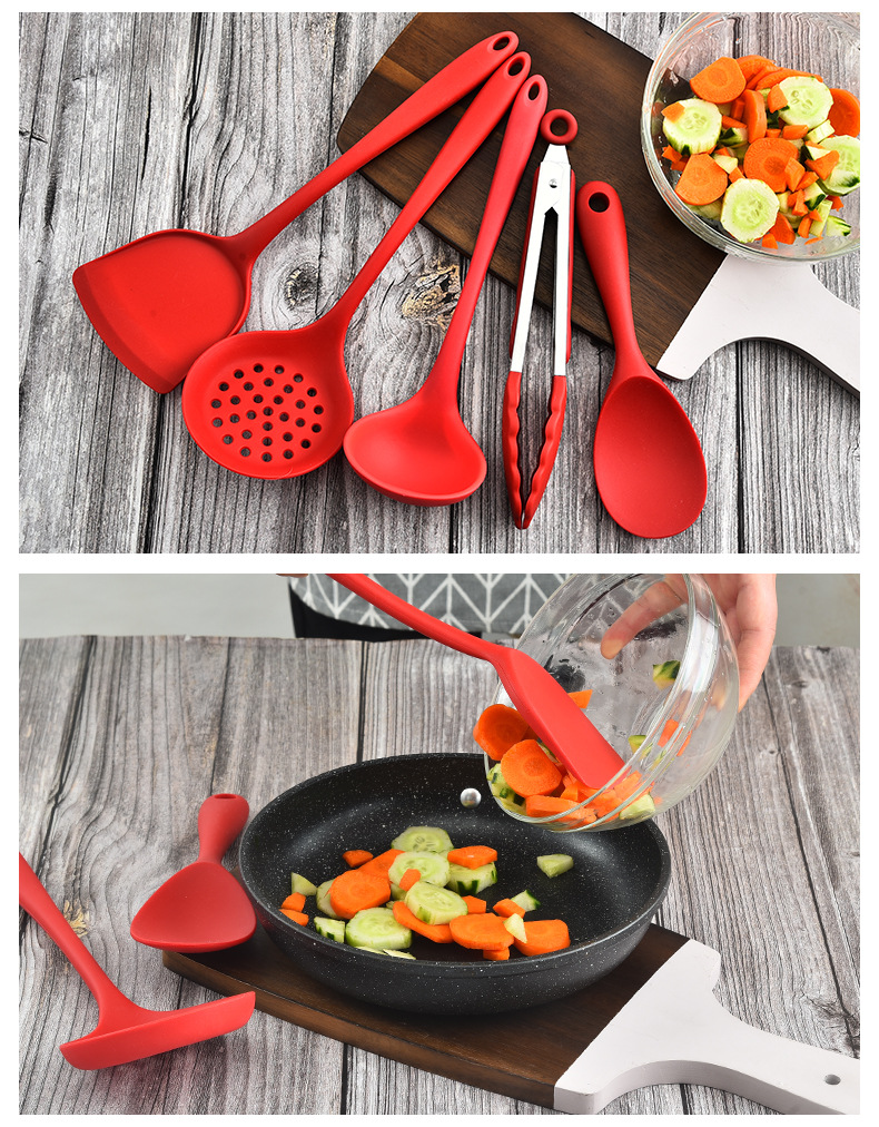 Factory Direct Supply All-Inclusive Silicone Kitchenware Set Cooking Spoon Household Spatula Kitchen Food Clip Colander 5-Piece Set