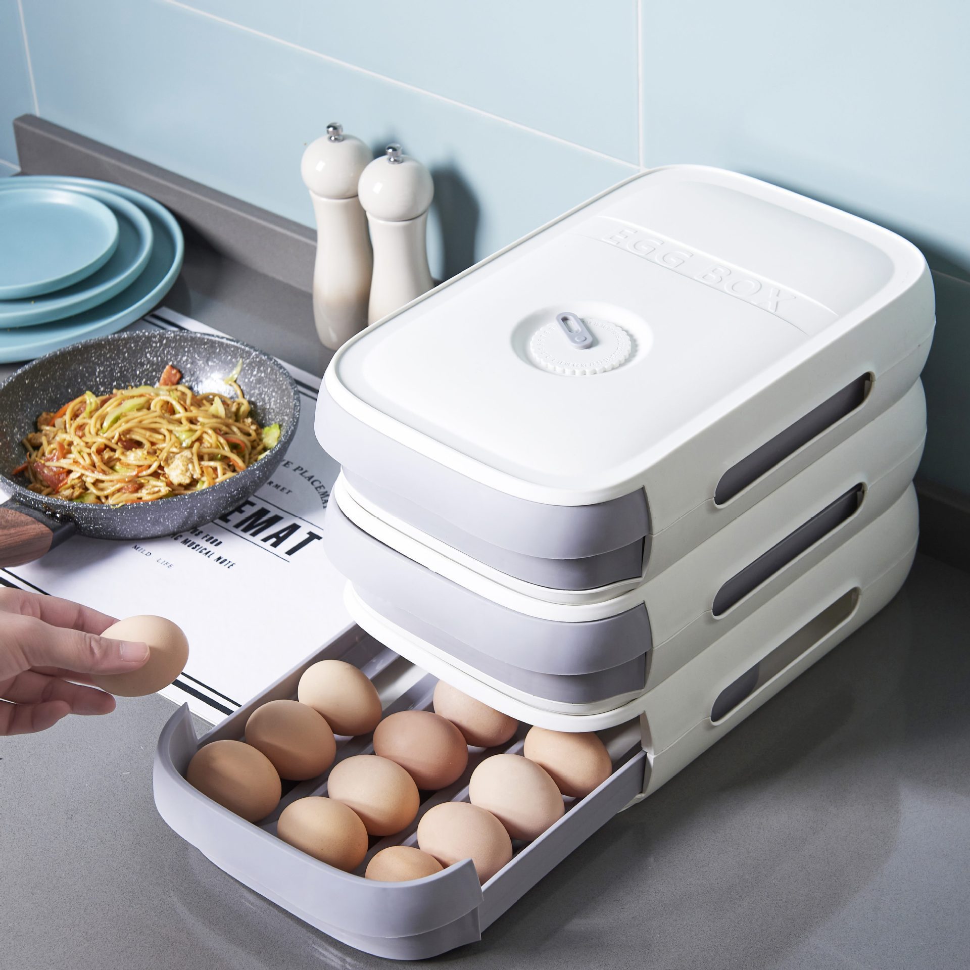 Factory Fresh-Keeping Egg Storage Box Drawer-Type Egg Storage Box Basket Refrigerator Kitchen Egg Carton Artifact in Stock