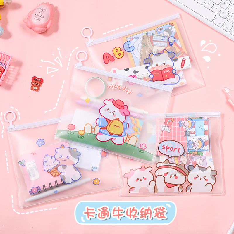 File Bag Cartoon Cow Toy Student Stationery Storage Ring Zipper Bag Waterproof File Bag Learning Transparent Information Bag