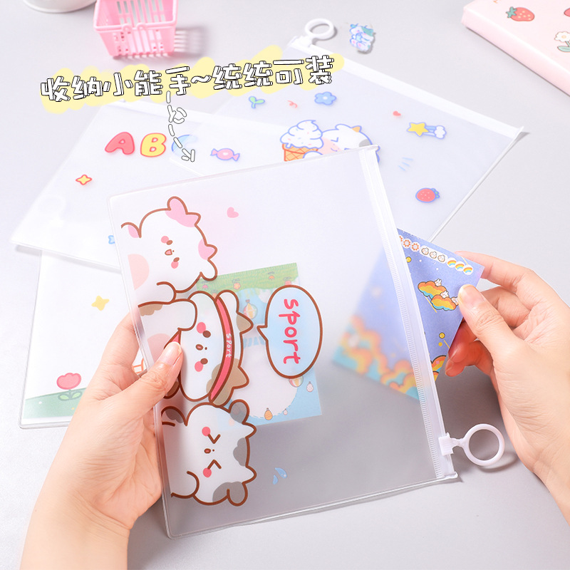 File Bag Cartoon Cow Toy Student Stationery Storage Ring Zipper Bag Waterproof File Bag Learning Transparent Information Bag