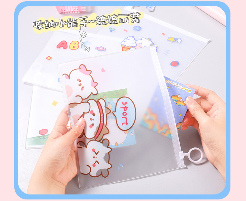 File Bag Cartoon Cow Toy Student Stationery Storage Ring Zipper Bag Waterproof File Bag Learning Transparent Information Bag