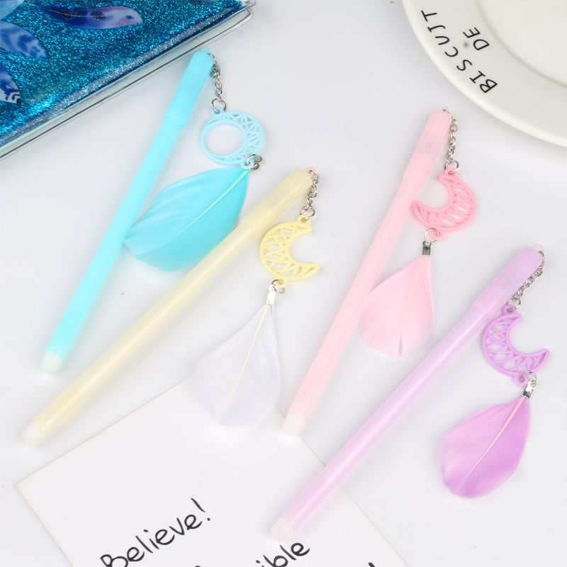 Japanese and Korean Creative Simple Clear New Moon Feather Pendant Black 0.5mm Gel Pen Student Studying Stationery