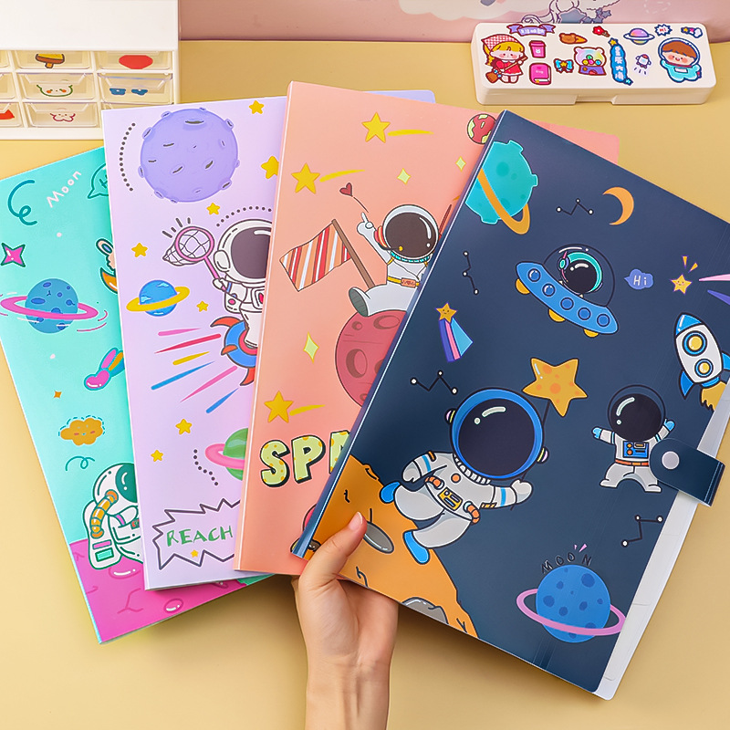 File Holder Cartoon Astronaut A4 Folder Student Stationery Multi-Layer File Holder Large Capacity 6-Grid Information Bag