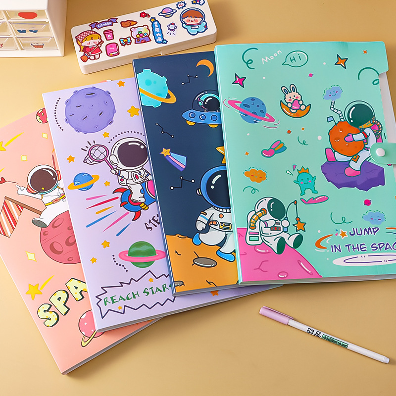 File Holder Cartoon Astronaut A4 Folder Student Stationery Multi-Layer File Holder Large Capacity 6-Grid Information Bag