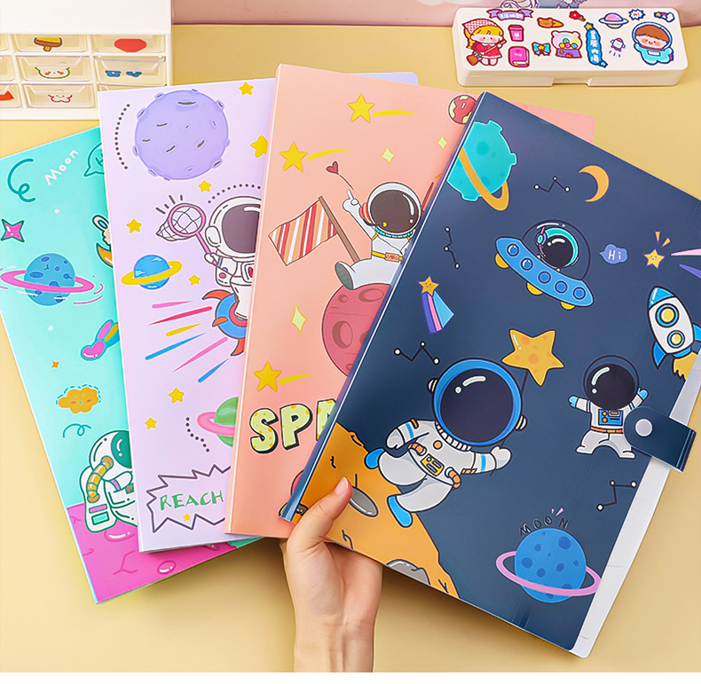 File Holder Cartoon Astronaut A4 Folder Student Stationery Multi-Layer File Holder Large Capacity 6-Grid Information Bag