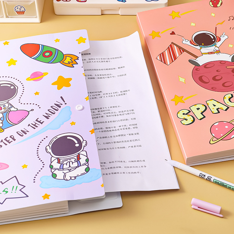 File Holder Cartoon Astronaut A4 Folder Student Stationery Multi-Layer File Holder Large Capacity 6-Grid Information Bag