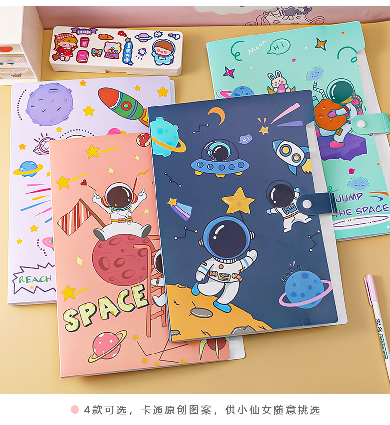 File Holder Cartoon Astronaut A4 Folder Student Stationery Multi-Layer File Holder Large Capacity 6-Grid Information Bag