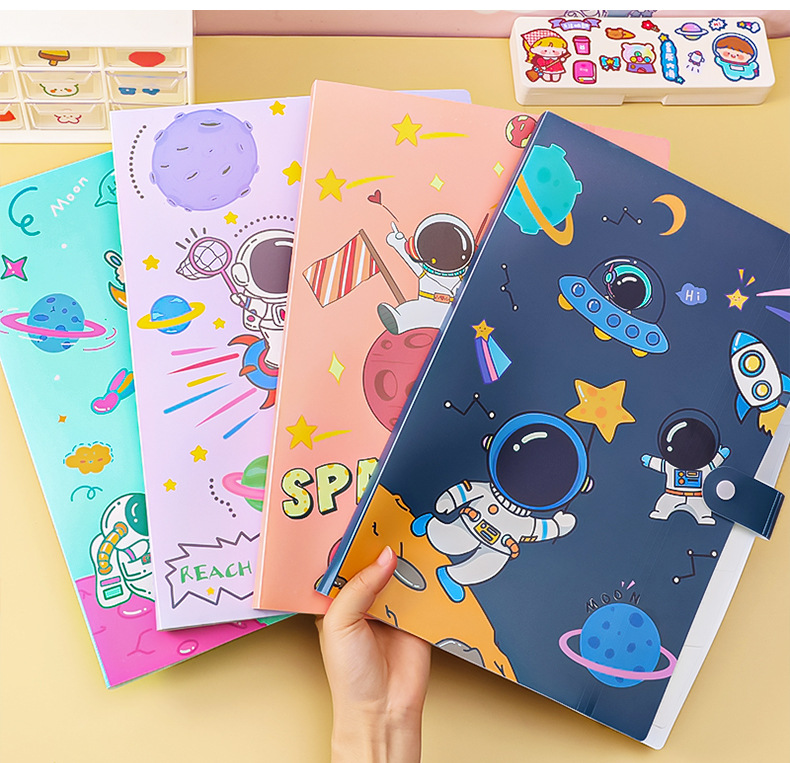 File Holder Cartoon Astronaut A4 Folder Student Stationery Multi-Layer File Holder Large Capacity 6-Grid Information Bag