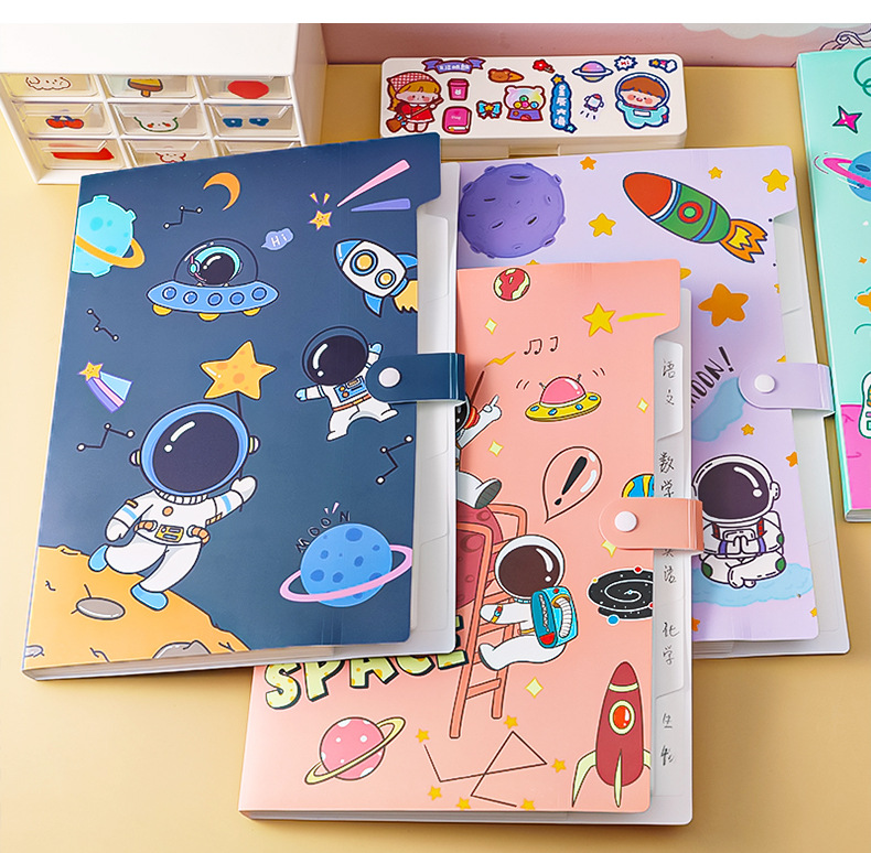 File Holder Cartoon Astronaut A4 Folder Student Stationery Multi-Layer File Holder Large Capacity 6-Grid Information Bag