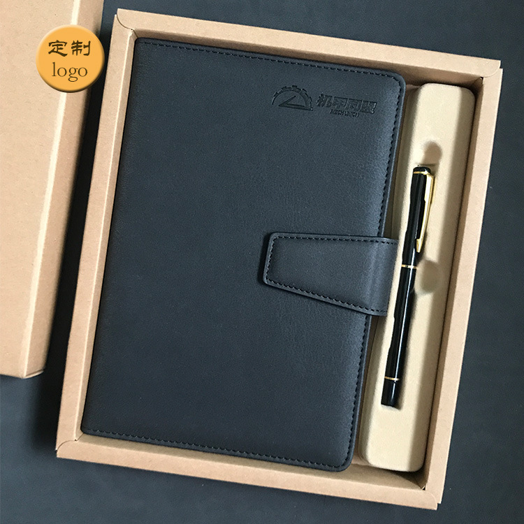 A5 Black Notebook Printed Logo Advertising Business Notepad Imitation Leather Flat Red Conference Gift Set Office