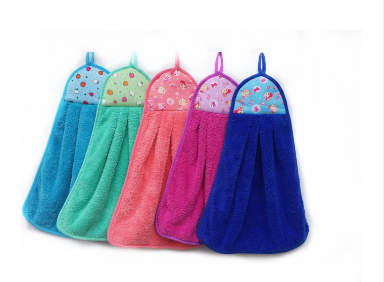 Hanging Cartoon Coral Fleece Hand Towel Kitchen Cleaning Towel Lint-Free Absorbent Cloth Dishcloth Cleaning Cloth