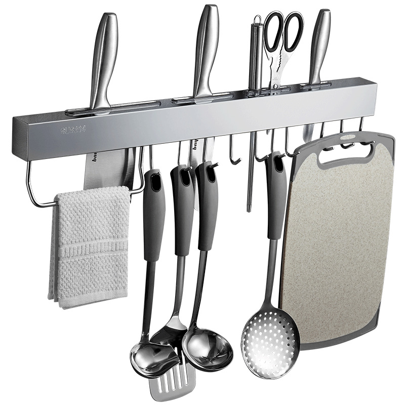 Punch-Free 304 Stainless Steel Knife Holder Kitchen Hanger Removable Hook Wall Hanging Kitchen Storage Rack with Towel Bar