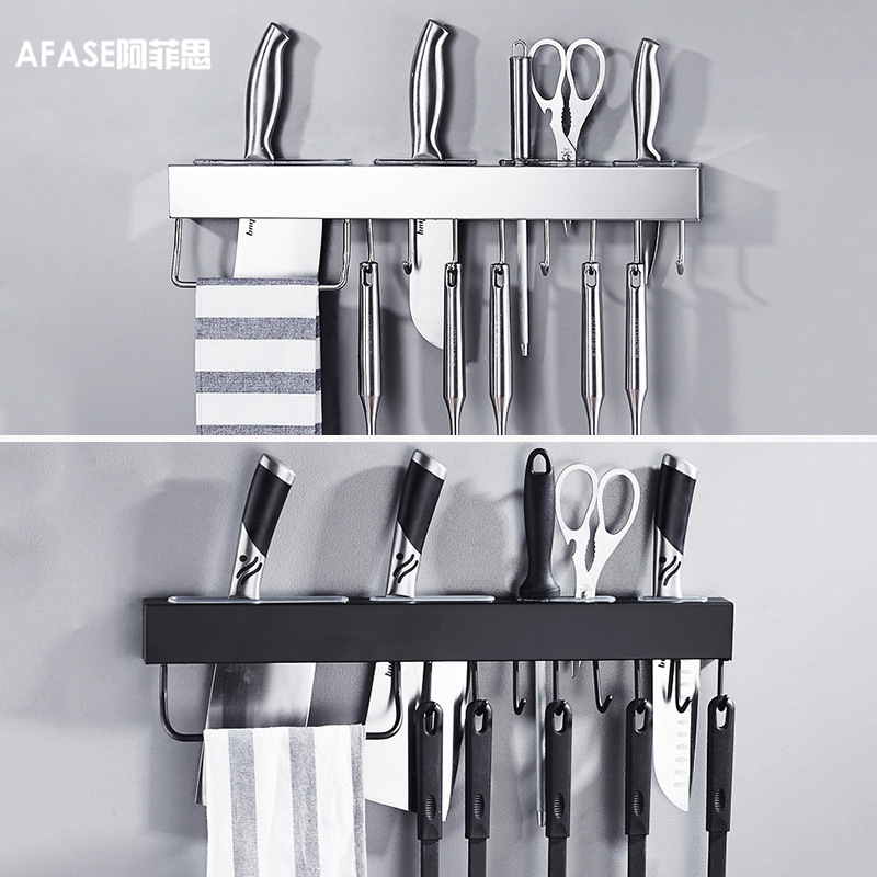 Punch-Free 304 Stainless Steel Knife Holder Kitchen Hanger Removable Hook Wall Hanging Kitchen Storage Rack with Towel Bar