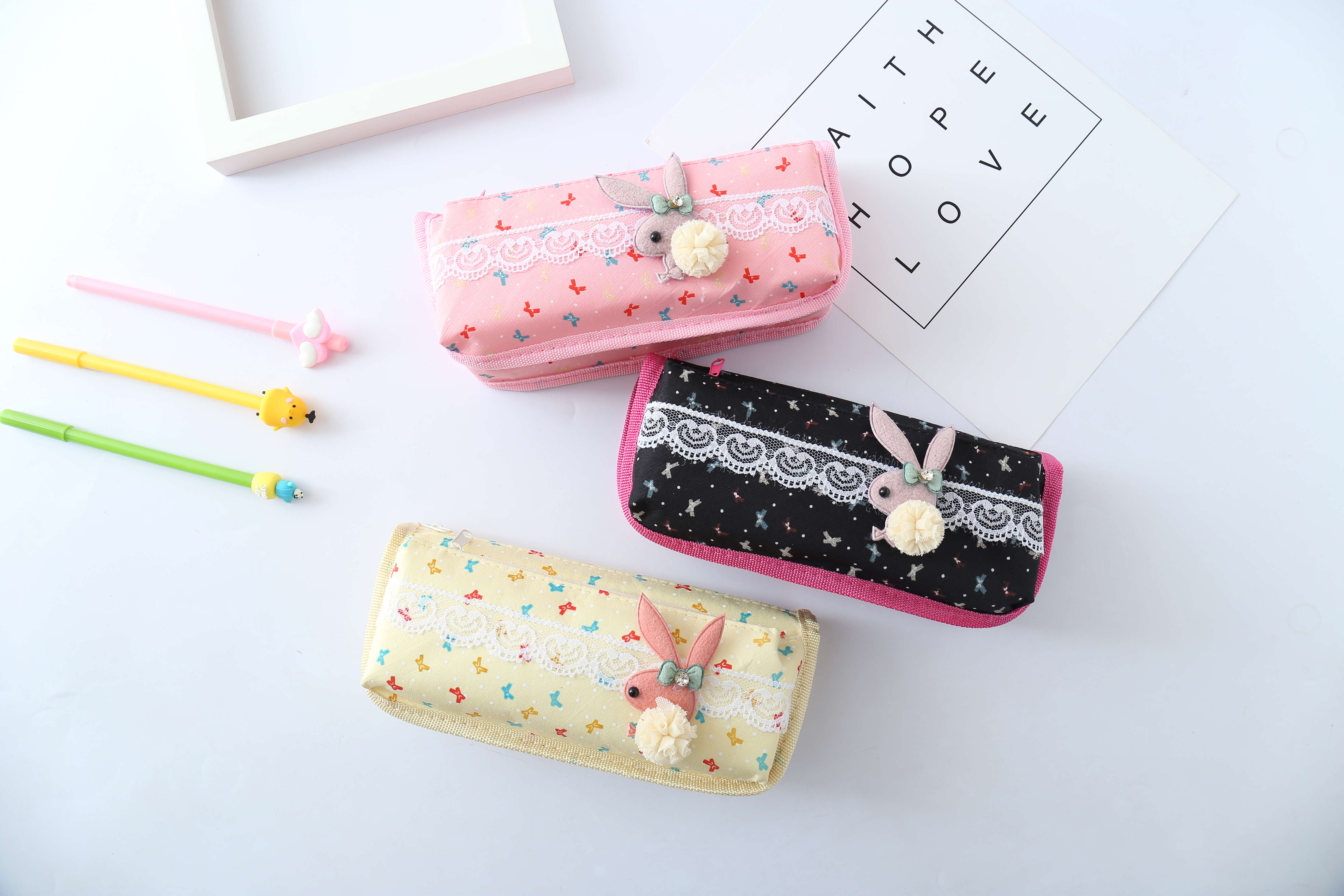 Rayleigh Stationery Bunny head Butterfly Pen bag Female Secondary school students Simple Large Capacity creative writing case primary and Secondary school students