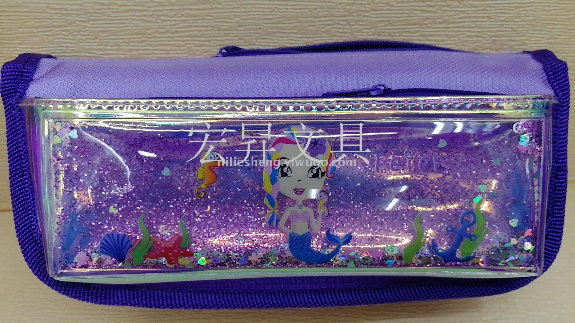 Cartoon quicksand pen bag in large capacity pencil bag pencil identifiers bag identifiers box waterproof hongsheng pencil box, suction card