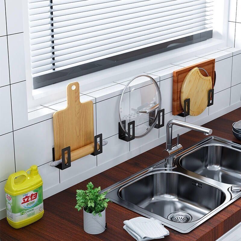 Pot Cover Rack Cutting Board and Chopping Board Stand Wall-Mounted Punch-Free Stainless Steel Kitchen Rack Storage Rack Wall Hook