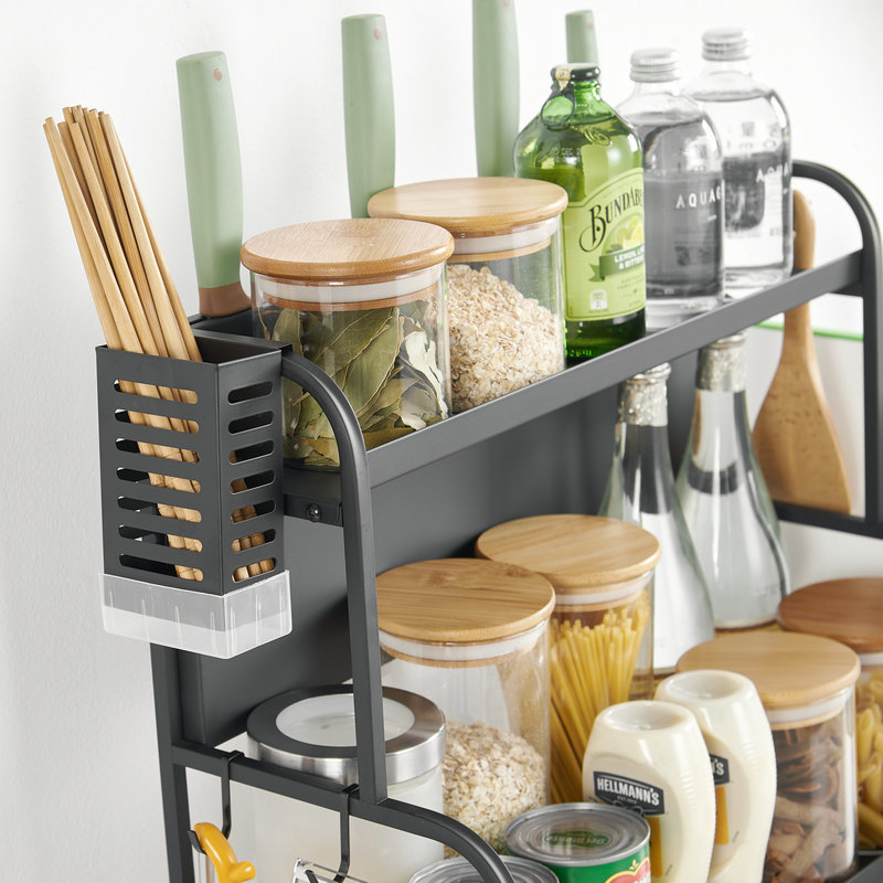 Black Multi-Functional Kitchen Seasoning Storage Rack Countertop Double Floor Storage Rack Kitchenware Soup Ladle Chopping Board Knife Rack