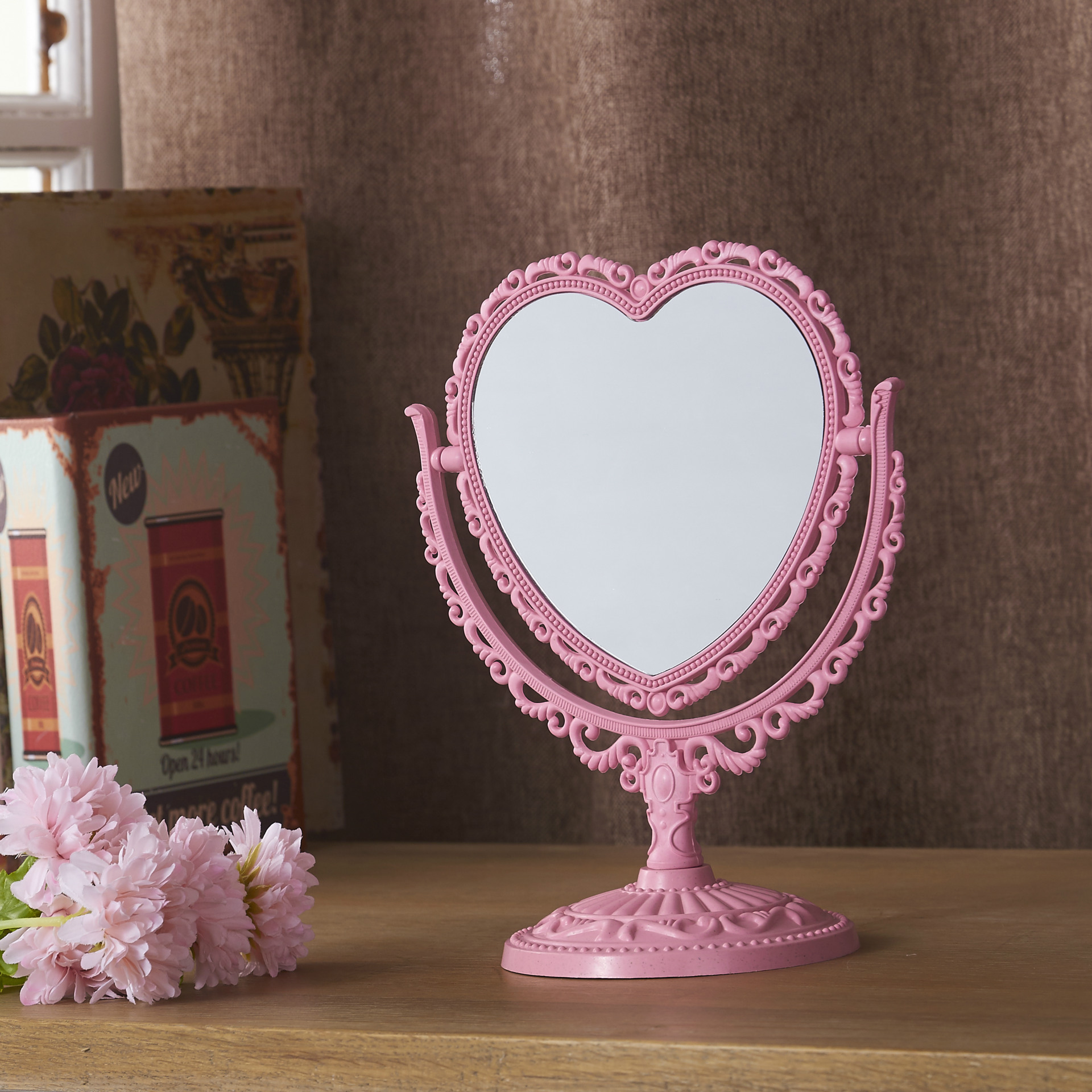 European Pastoral Style Heart-Shaped Double-Sided Desktop Makeup Mirror Wheat Environmental Protection Raw Materials Popular Home Dressing Mirror