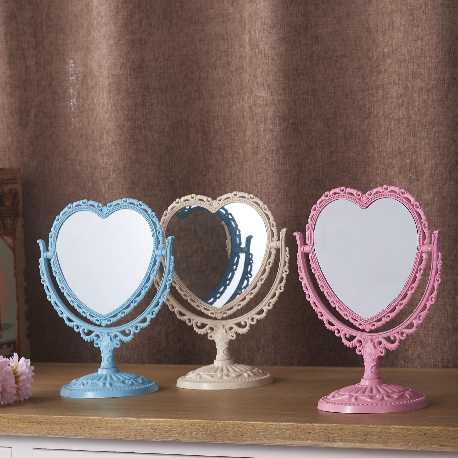 European Pastoral Style Heart-Shaped Double-Sided Desktop Makeup Mirror Wheat Environmental Protection Raw Materials Popular Home Dressing Mirror