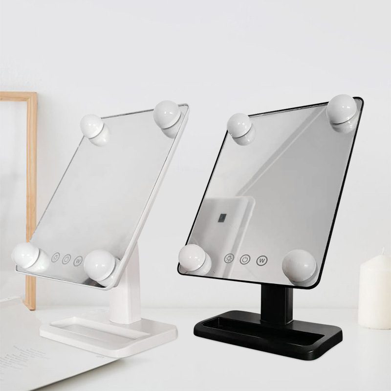 Large Led Rotating Makeup Mirror with Bulb Touch Fill Light Storage Dressing Mirror Three-Color Dimming European-Style Bulb Mirror