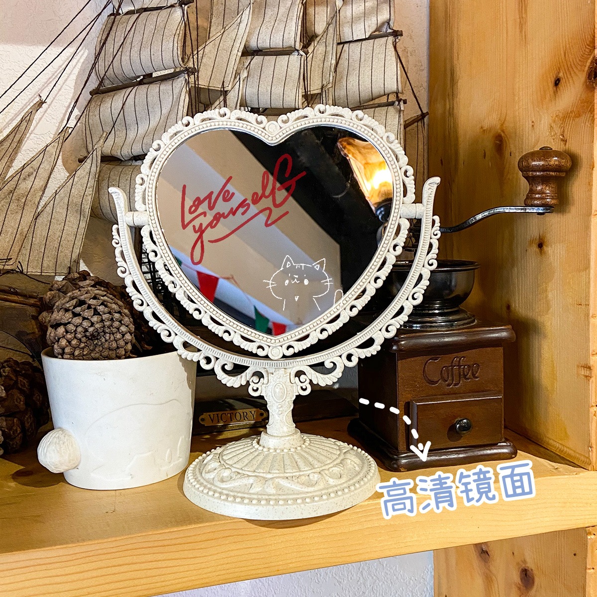 European Retro Style Double-Sided Makeup Mirror Cute Girl Heart Princess Mirror Dormitory Bedroom Desktop Heart-Shaped Dressing Mirror
