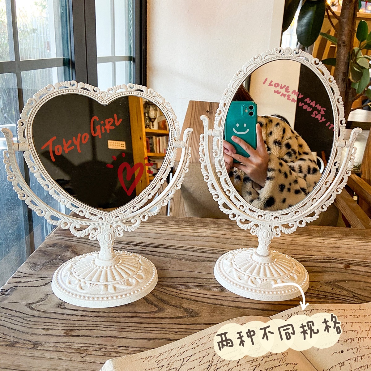 European Retro Style Double-Sided Makeup Mirror Cute Girl Heart Princess Mirror Dormitory Bedroom Desktop Heart-Shaped Dressing Mirror