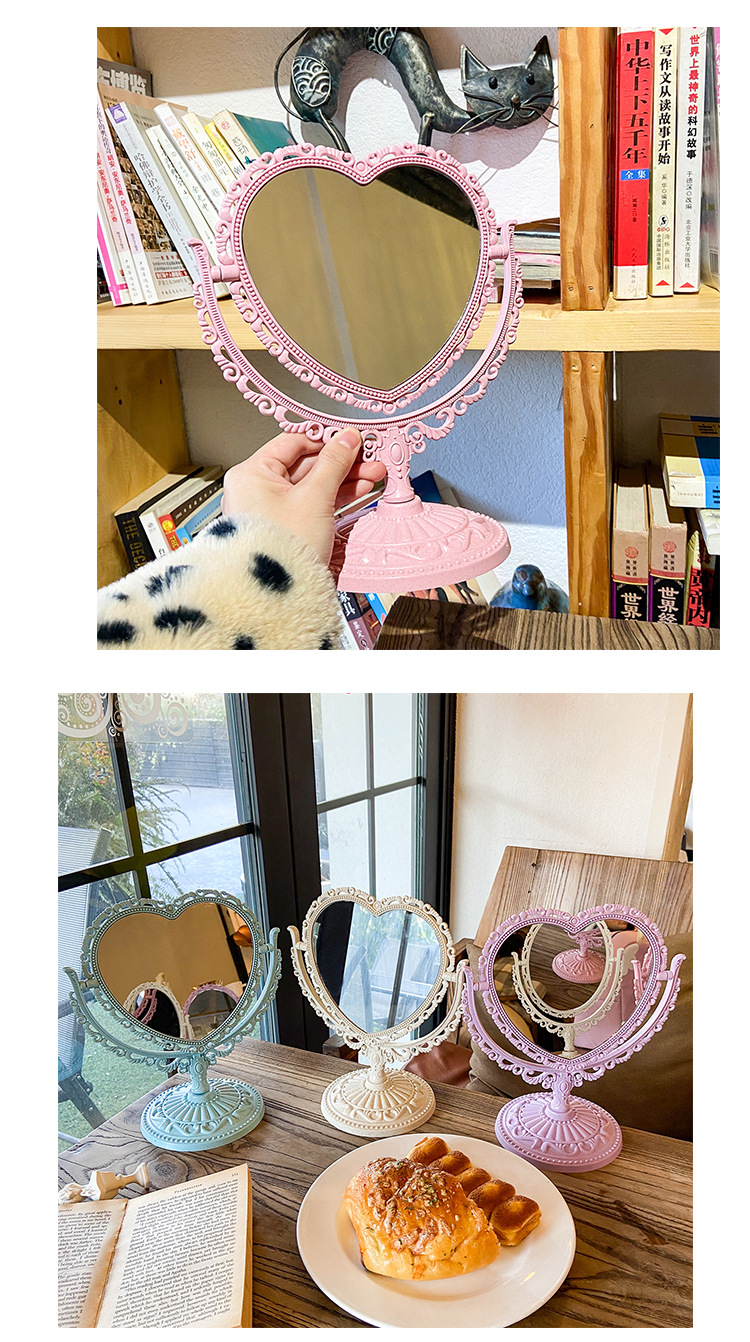 European Retro Style Double-Sided Makeup Mirror Cute Girl Heart Princess Mirror Dormitory Bedroom Desktop Heart-Shaped Dressing Mirror
