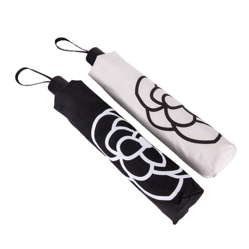3 fold Ultra light double umbrella camellia fragrance wind folding sunny rain black umbrella small black umbrella