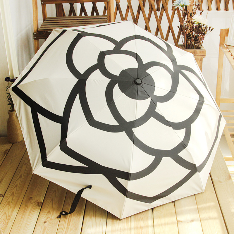 3 fold Ultra light double umbrella camellia fragrance wind folding sunny rain black umbrella small black umbrella